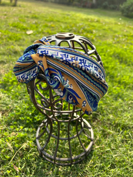 サリー生地のレトロヘアバンド　ブルーボーダー　htm150558