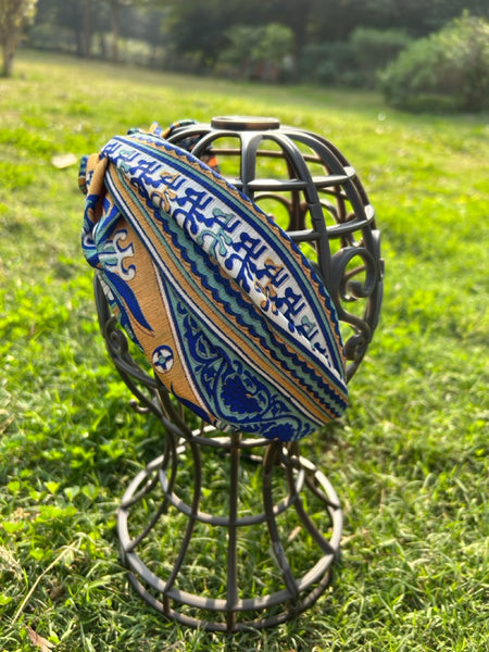 サリー生地のレトロヘアバンド　ブルーボーダー　htm150558