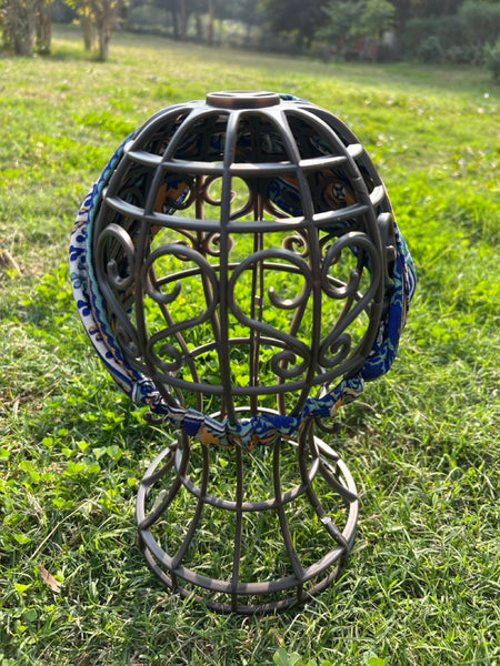 サリー生地のレトロヘアバンド　ブルーボーダー　htm150558