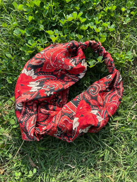 サリー生地のレトロヘアバンド　レッドペイズリー　htm150558