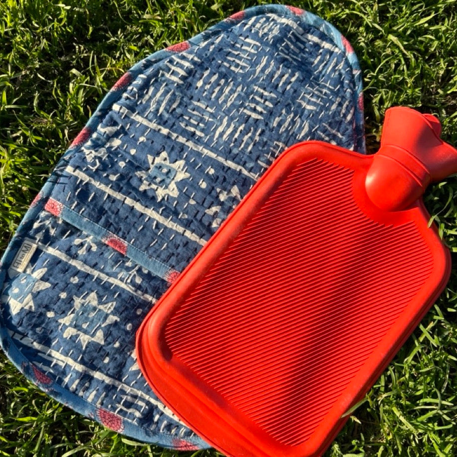 湯たんぽと湯たんぽカバーセット　インディゴボーダー　htm150413